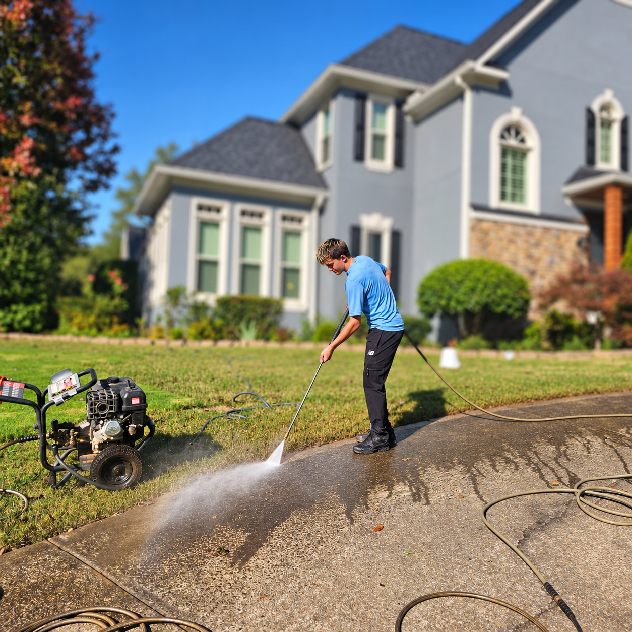 Santi pressure washing a driveway, with the water spray and concrete in focus